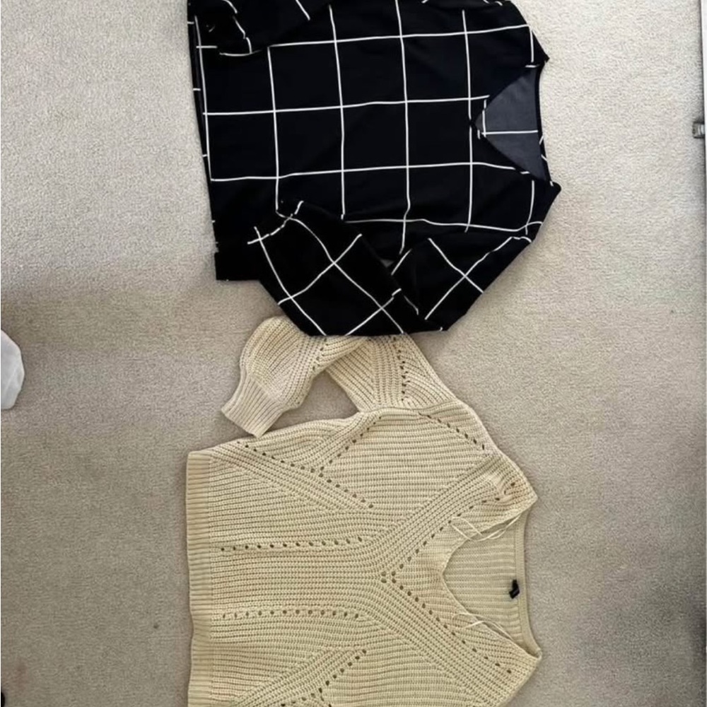 Black and White Crew Neck Sweaters with Grid and Cable Knit Patterns
